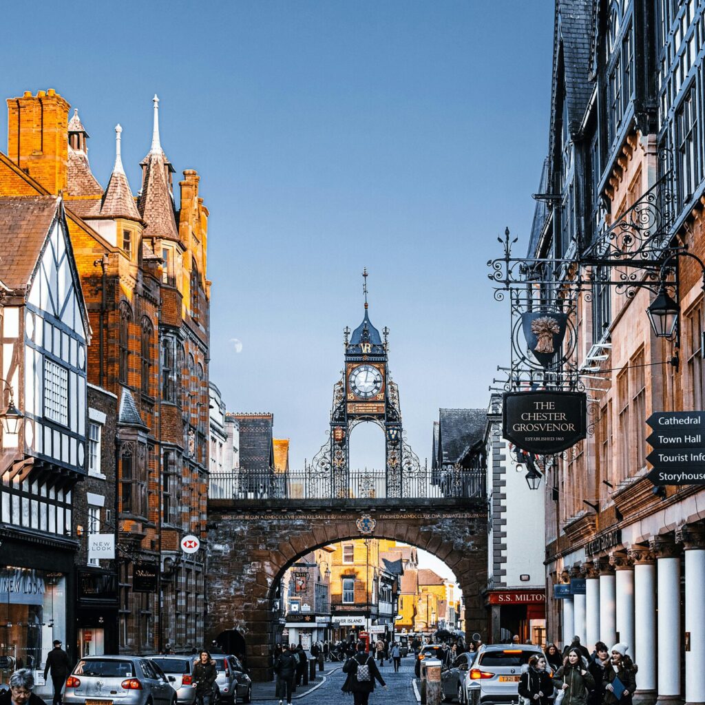 Charming street view of Chester, England, featuring the historic Eastgate Clock.